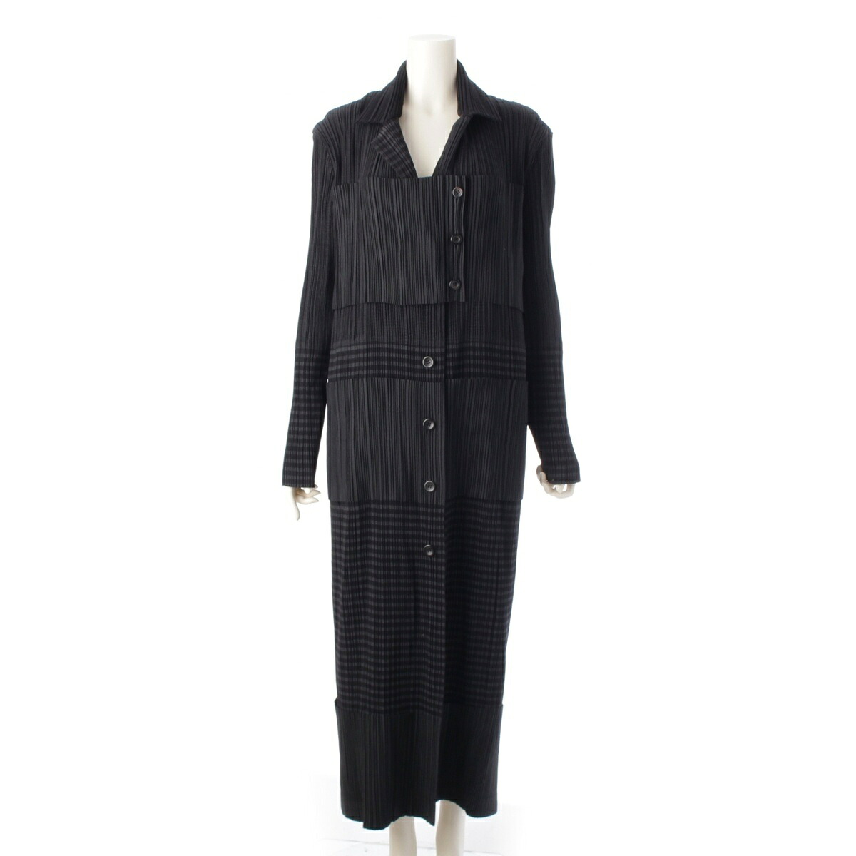 イッセイミヤケ ISSEY MIYAKE 98年 プリーツ ボーダー 切替 ロング コート アウター IM84-FA911 ブラック L【中古】【正規品保証】