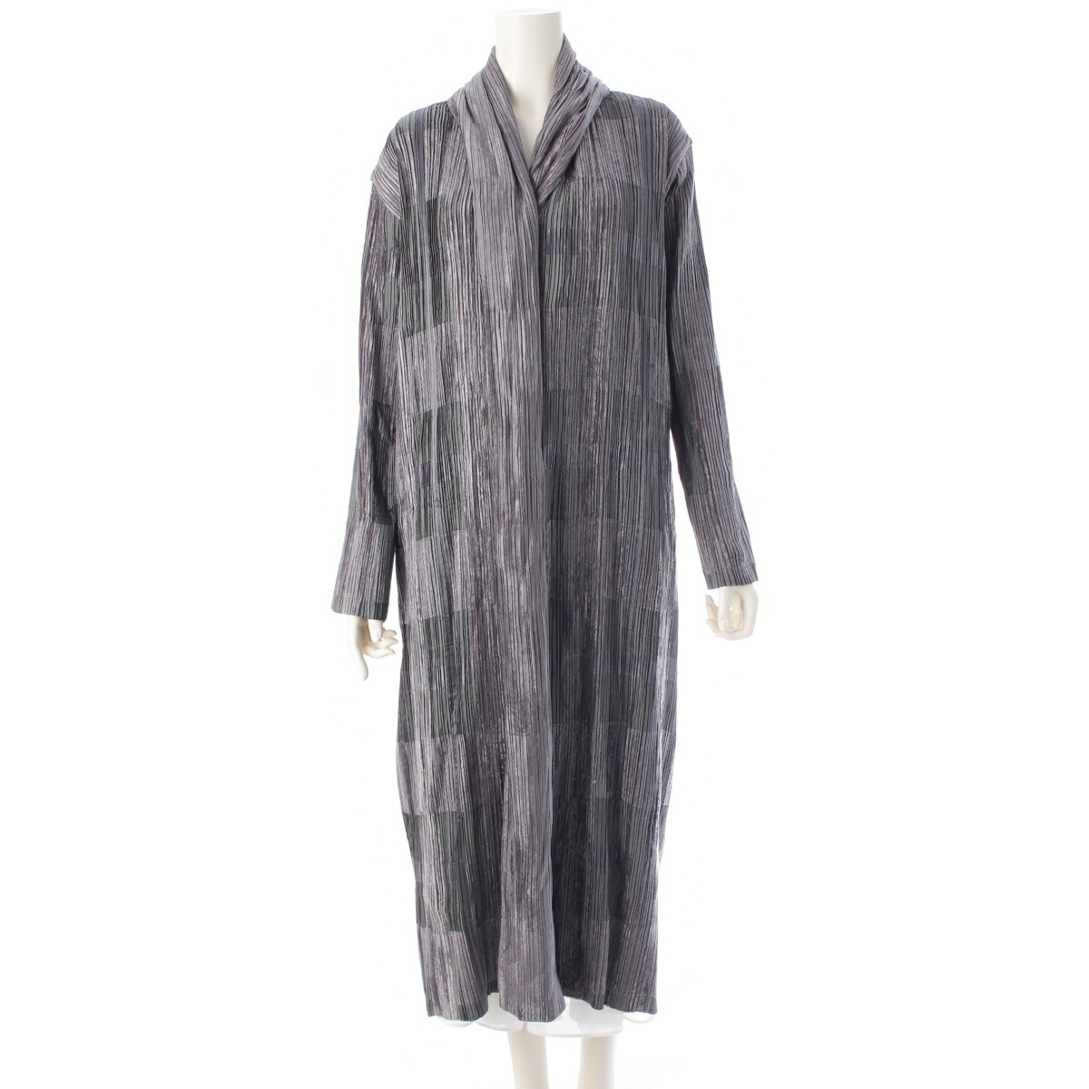 イッセイミヤケ ISSEY MIYAKE プリーツ メタリック 切替 チェック柄 ロング コート アウター IM14FA914 グレー チャコール系 3【中古】【正規品保証】 21,897円