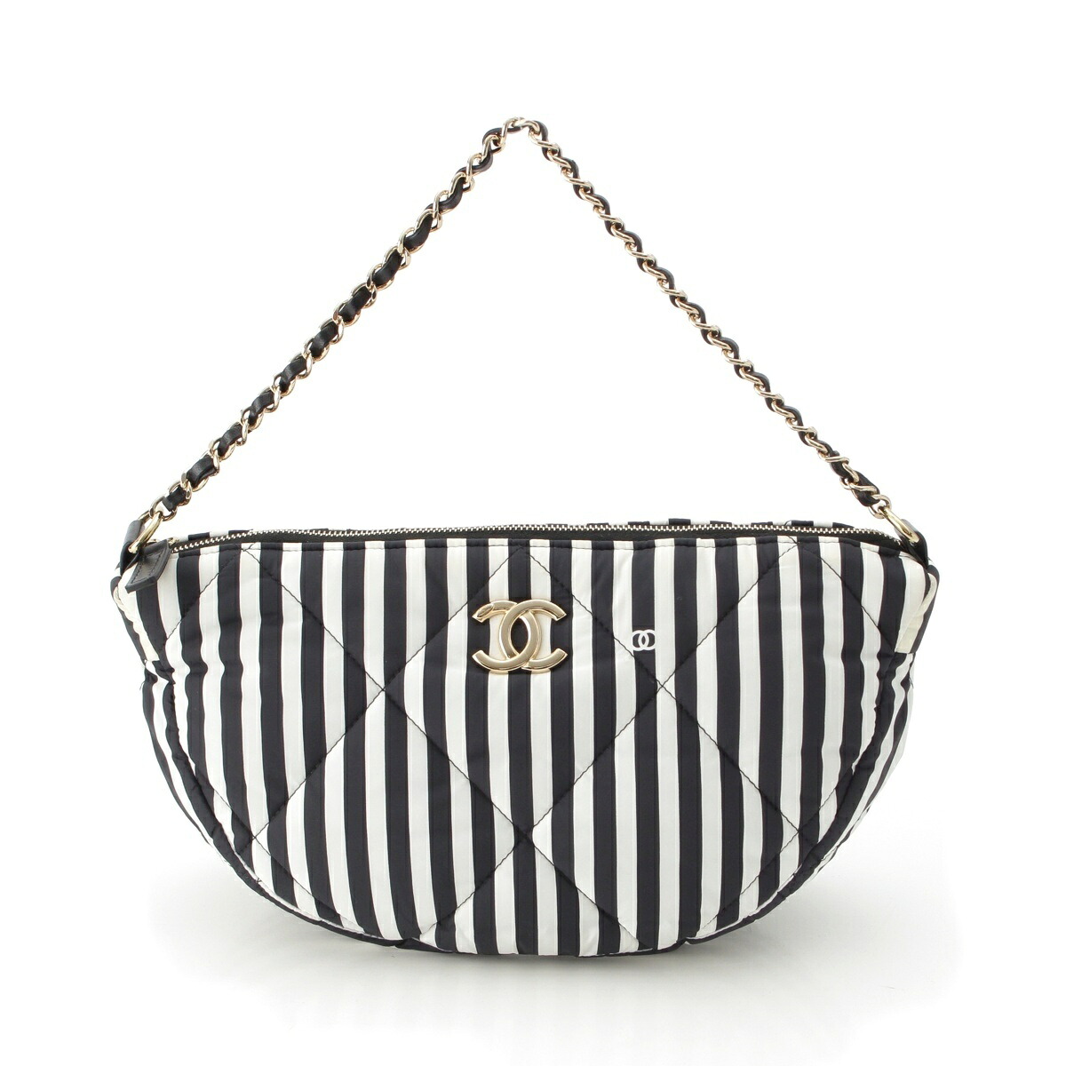 シャネル CHANEL ココビーチ ラージ ホーボー ストライプ ワンショルダー ハンドバッグ アクセサリーポーチ AS4698 ブラック ホワイト【中古】【正規品保証】
