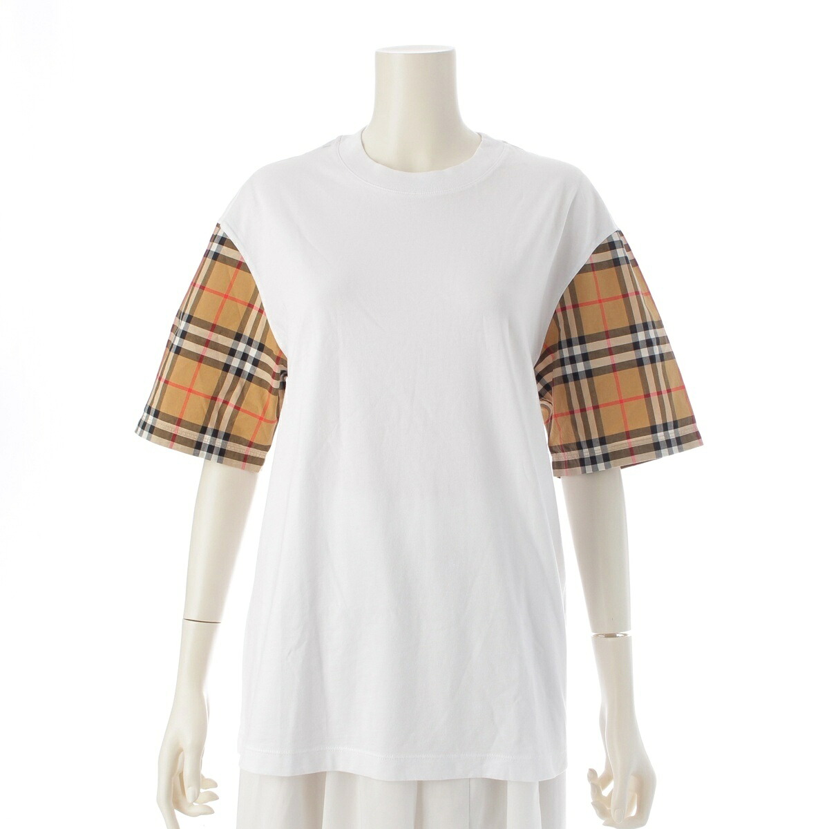 バーバリー BURBERRY コットン チェック 半袖Ｔシャツ トップス ホワイト ブラウン XS【中古】【正規品保証】