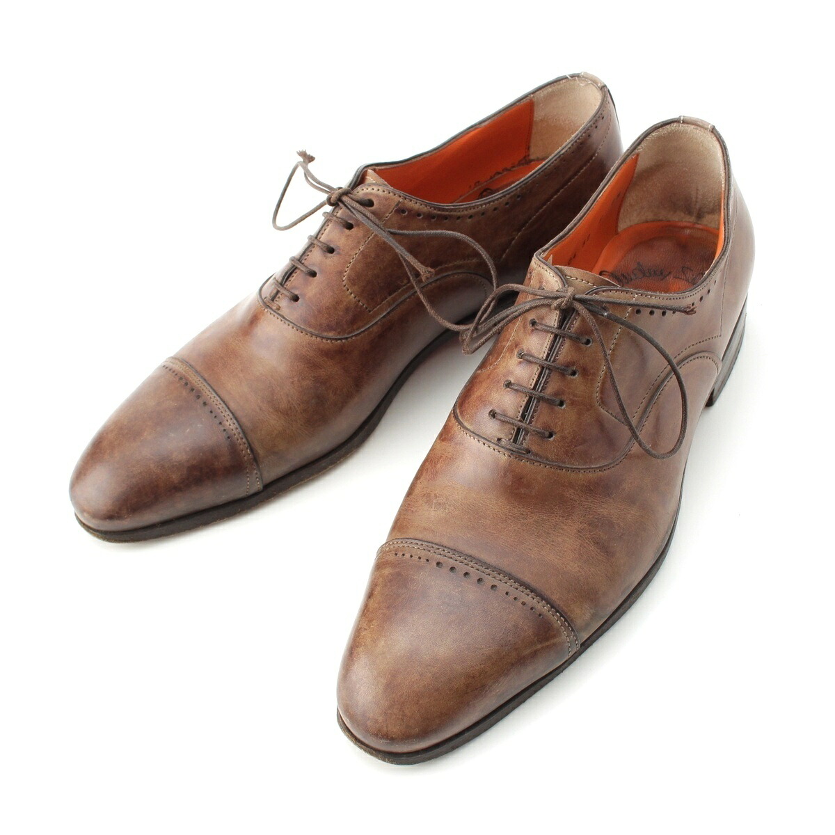 サントーニ Santoni レザー パンチドキャップトゥ オックスフォード ドレスシューズ ビジネスシューズ 11404 ブラウン 6 1/2【中古】【正規品保証】