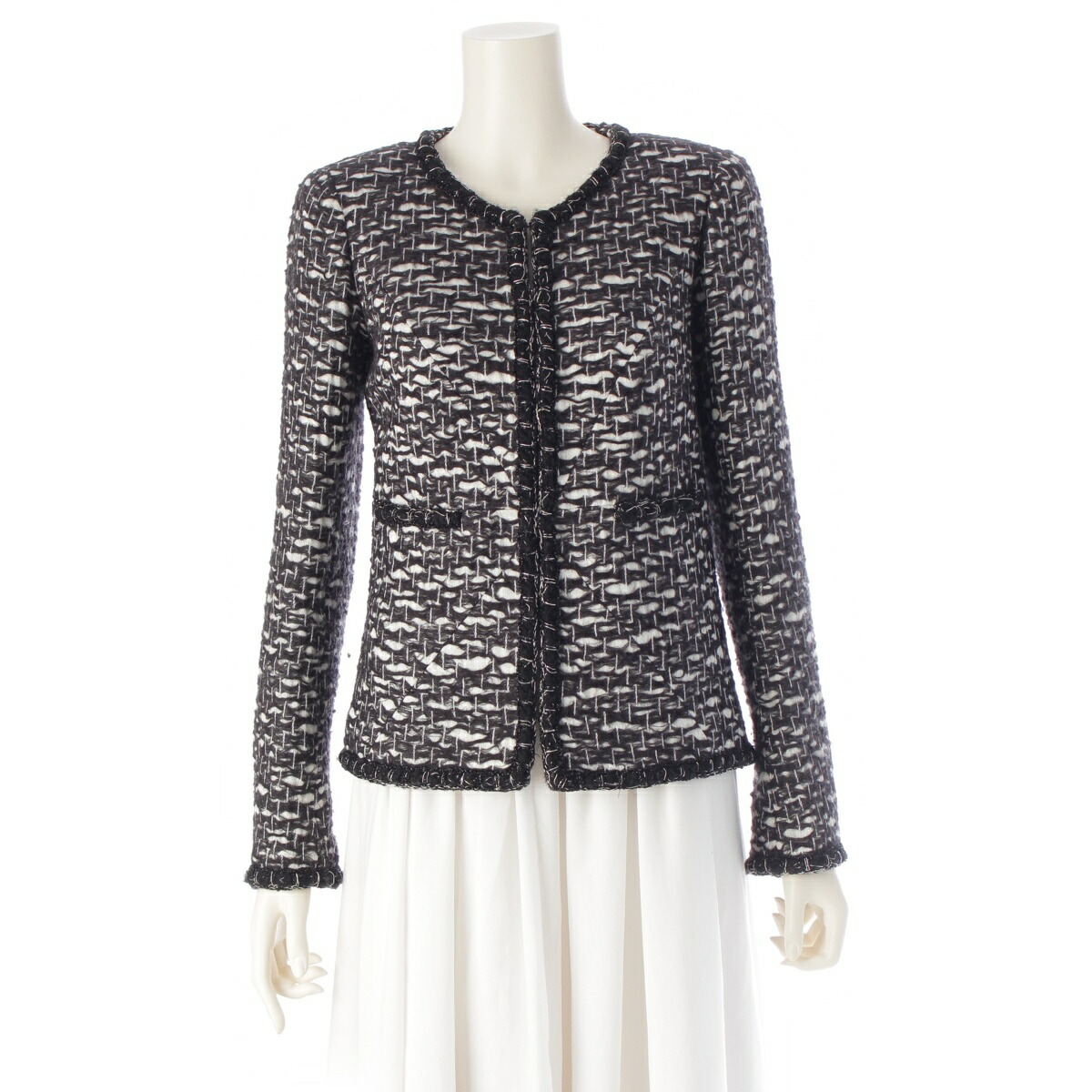 シャネル CHANEL ウール ココマーク トリミング ノーカラージャケット P39053 ブラック×ホワイト 34【中古】【正規品保証】