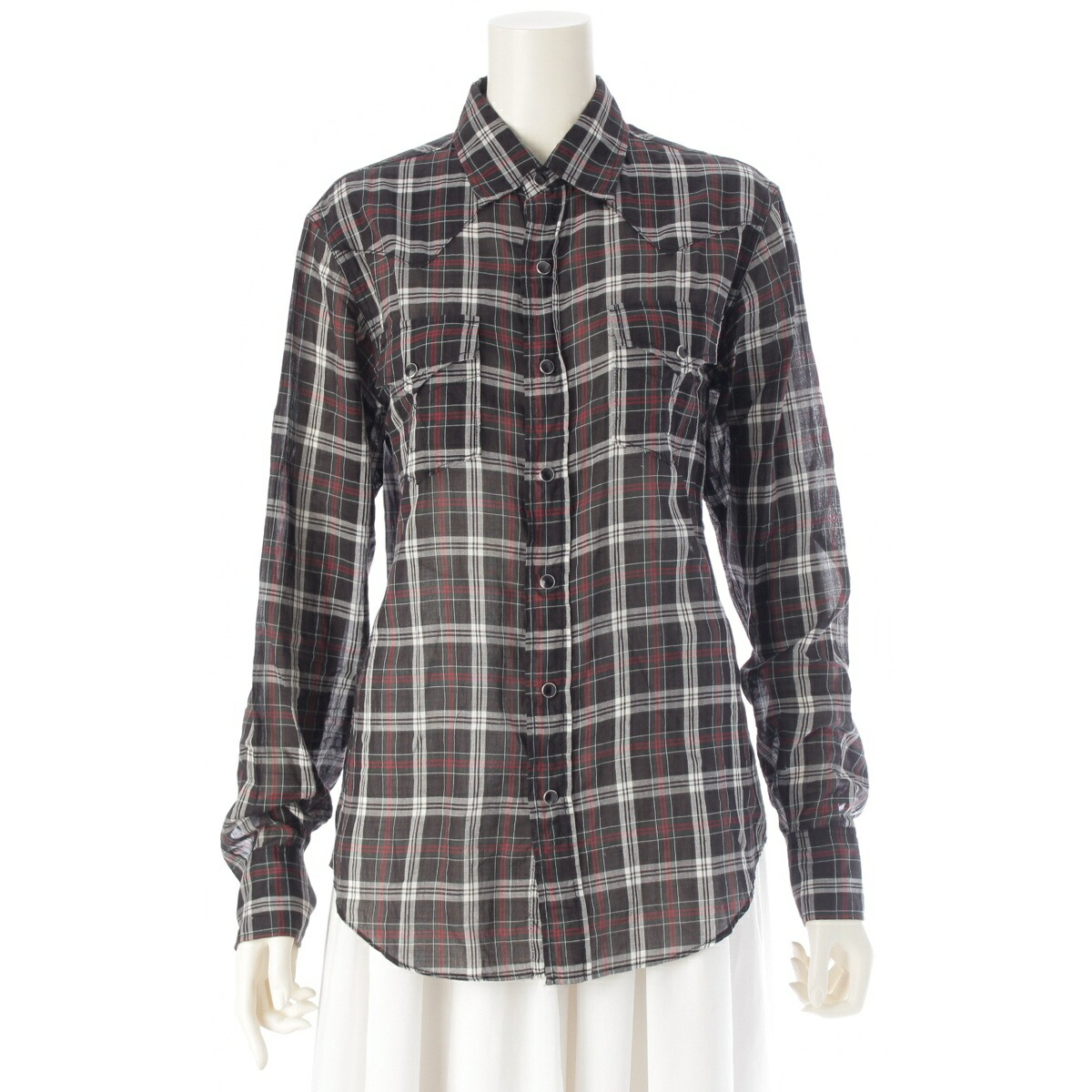 サンローラン SAINT LAURENT 16年 コットン チェック ウエスタン 長袖シャツ トップス ブラック XS【中古】【正規品保証】