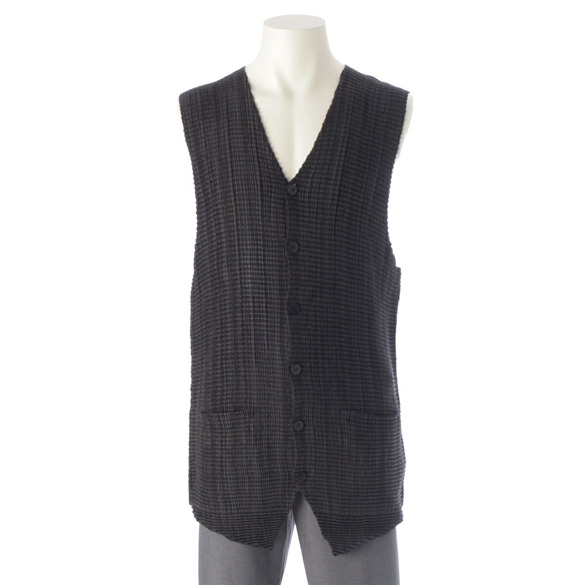 イッセイミヤケ メン ISSEY MIYAKE MEN 97SS ワッフル プリーツ ロング ベスト ME71-FE434 ブラック L【中古】【正規品保証】