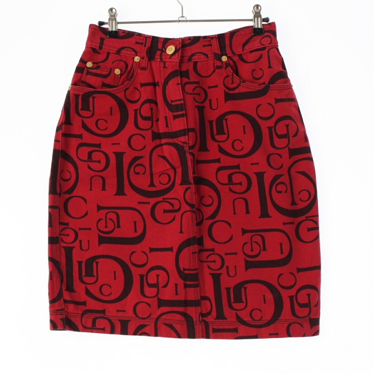 グッチ GUCCI デニム 総柄 スカート トムフォード期 ロゴ ボトムス レッド 42【中古】【正規品保証】