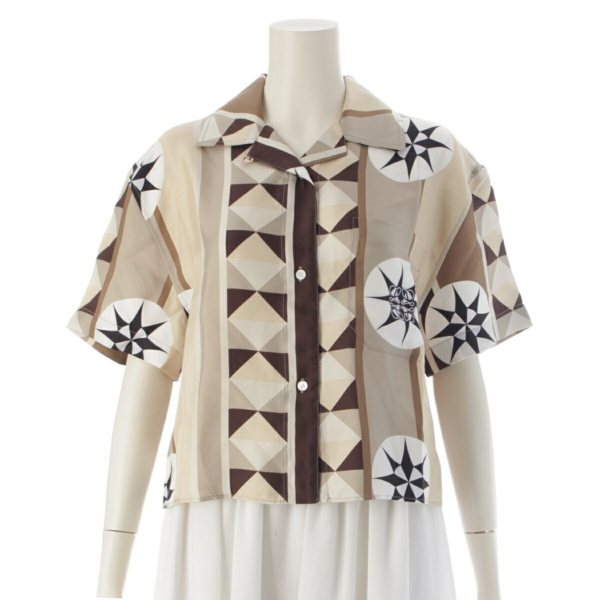 ロエベ LOEWE ウォッシュドシルク PAULA'S IBIZA アナグラム ロゴ 半袖シャツ トップス ベージュ マルチカラー 36【中古】【正規品保証】