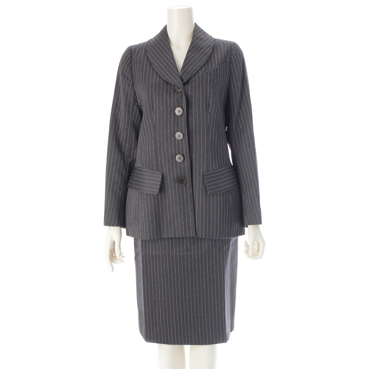 セリーヌ CELINE ウール ストライプ スーツ セットアップ ジャケット スカート ボトムス グレー 38【中古】【正規品保証】