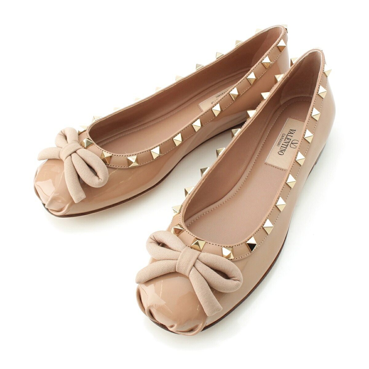 ヴァレンティノ VALENTINO バレリーナ ロックスタッズ パンプス シューズ ベージュ ゴールド 35.5【中古】【正規品保証】