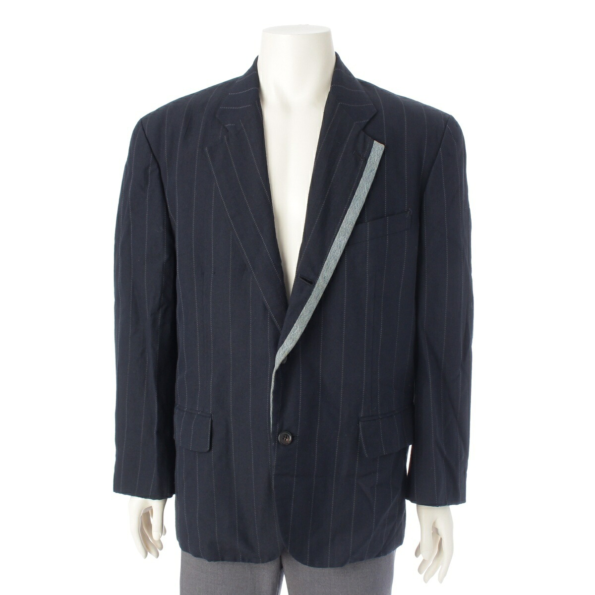 コムデギャルソンオムプリュス COMME des GARCONS HOMME PLUS 92SS AD1991 デニム切替 ストライプ テーラードジャケット PJ-11019M ネイビー M【中古】【正規品保証】
