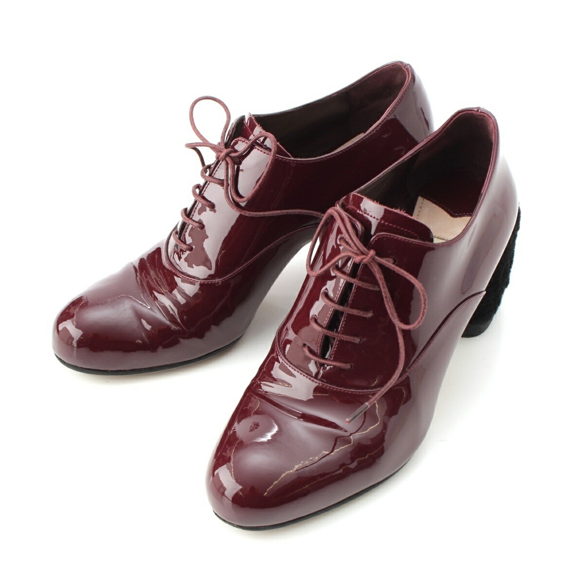 ミュウミュウ MIUMIU パテント ファーヒール レースアップ シューズ ボルドー 35 1/2【中古】【正規品保証】