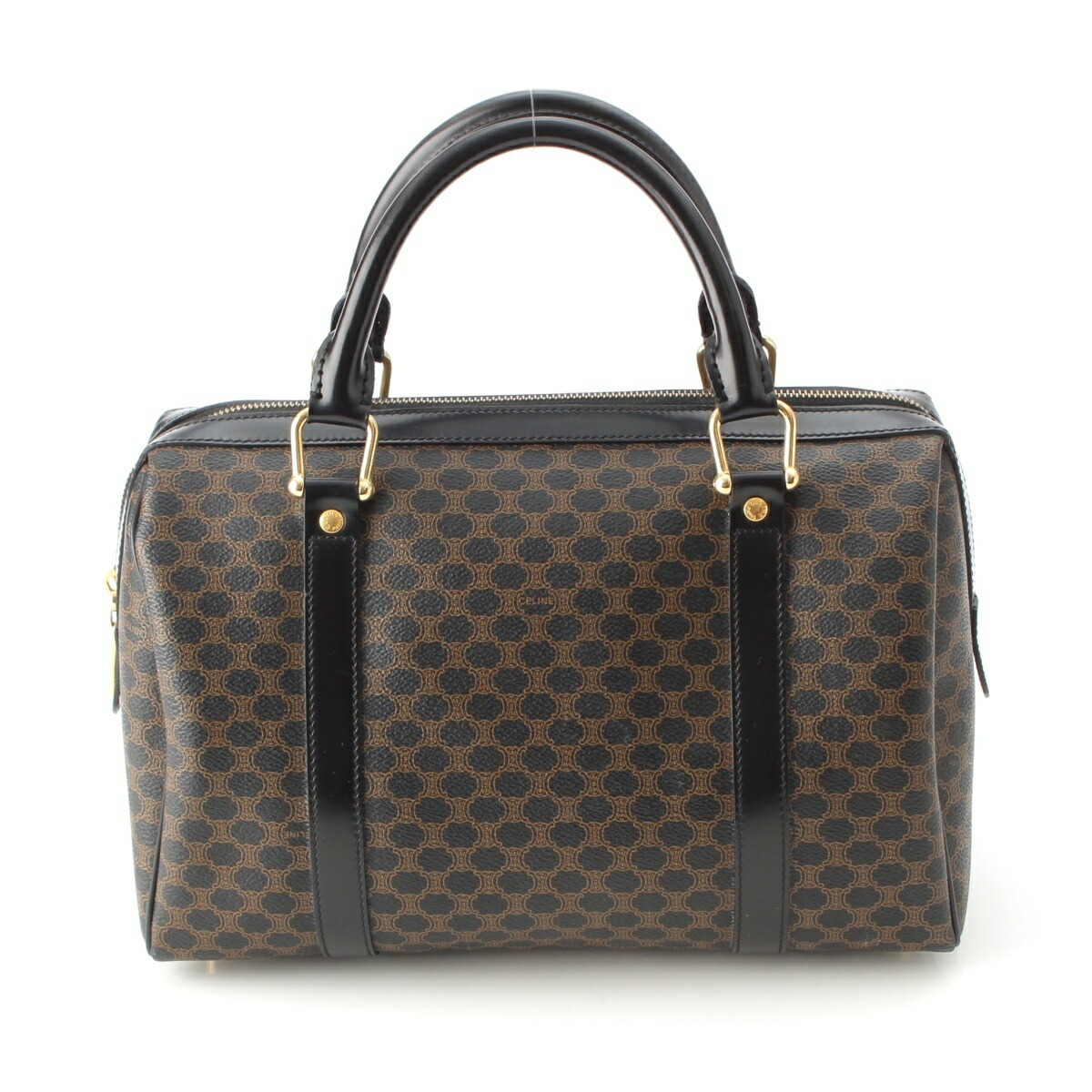 セリーヌ ボストンバッグ 黒マカダム柄 トリオンフ ゴールド金具 CELINE ハンドバッグ ミニボストン マカダム柄 トリオンフ ロゴ入 PVC