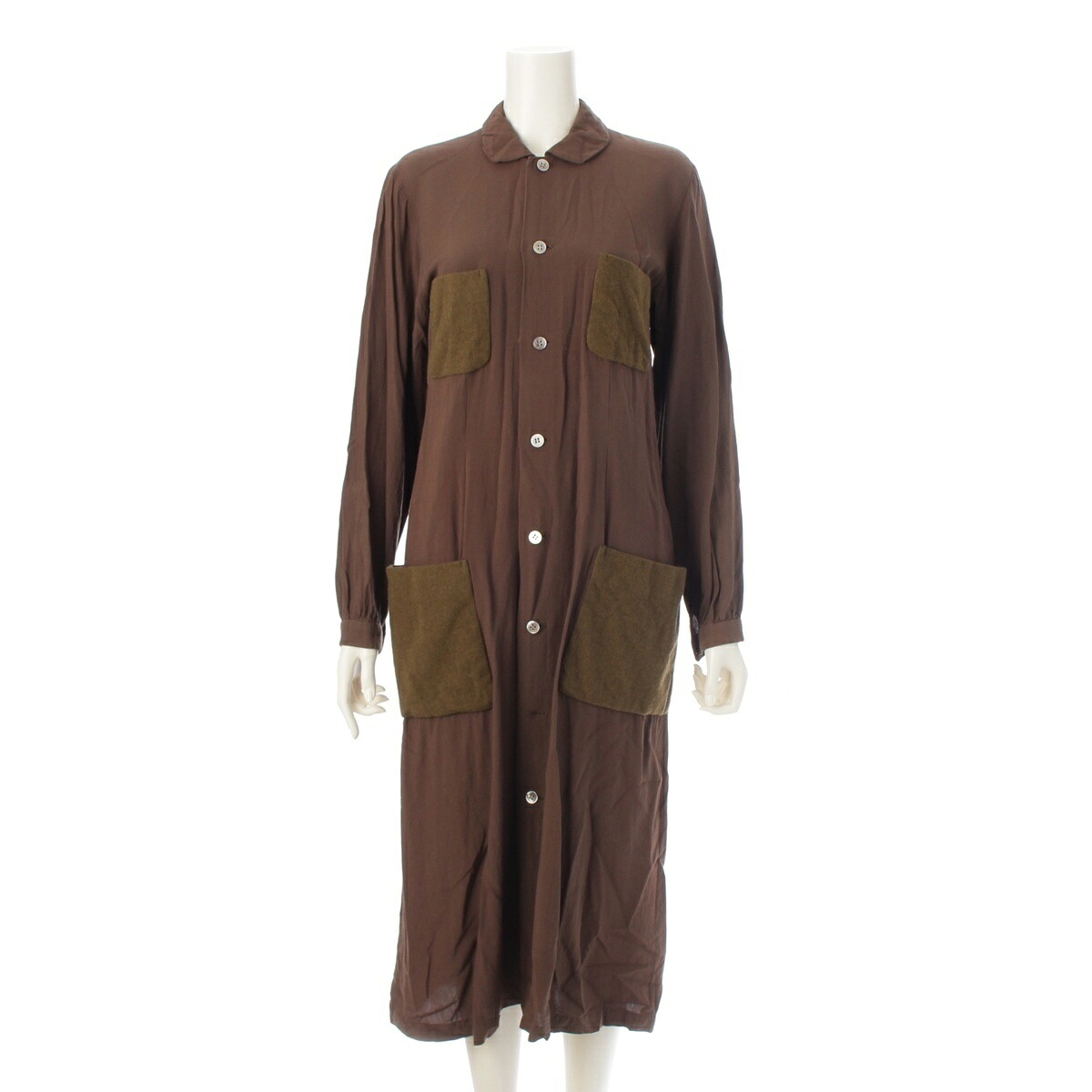 ローブドシャンブルコムデギャルソン robe de chambre COMME des GARCONS AD1994 丸襟 衣嚢 異原料品 ロング 衣装 お召しもの RO-040100 カーキ緑であること 壱大きさ【中古】【置き目品引き受ける】