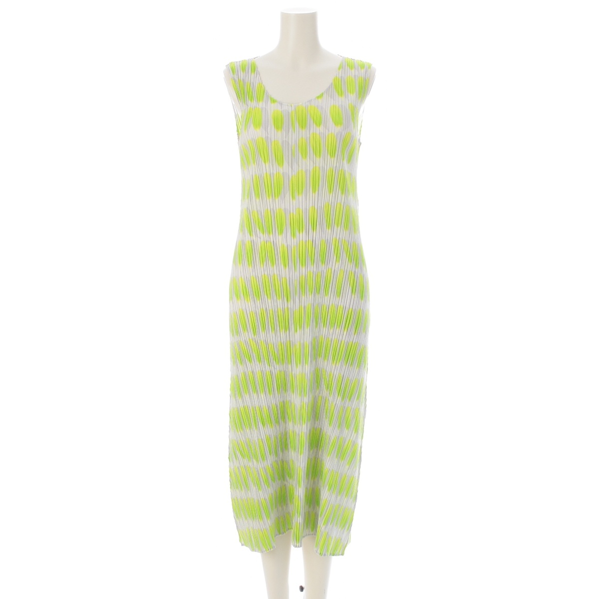 プリーツプリーズ PLEATS PLEASE ペタル 花柄 ノースリーブ ワンピース PP06-JH222 グレー×グリーン系 2【中古】【正規品保証】