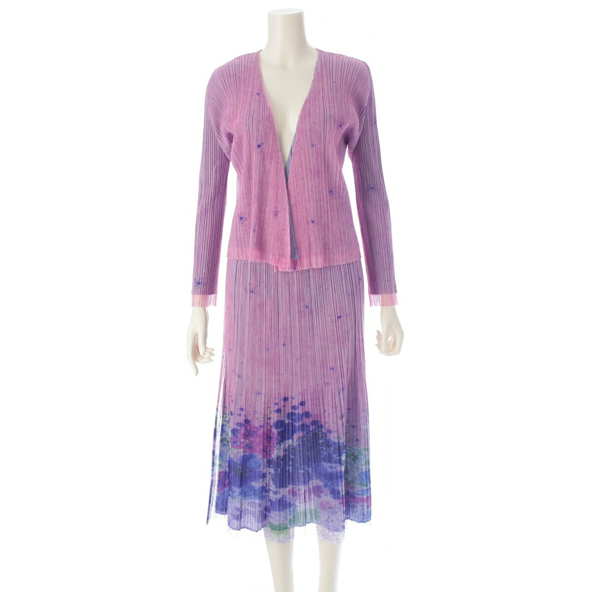 筋目プリーズ PLEATS PLEASE スイレン ジレー トップ スコートセットアップ 花柄 PP51-JO544、PP51-JG545 パープル 3、1【中古】【定め事品引きうける】