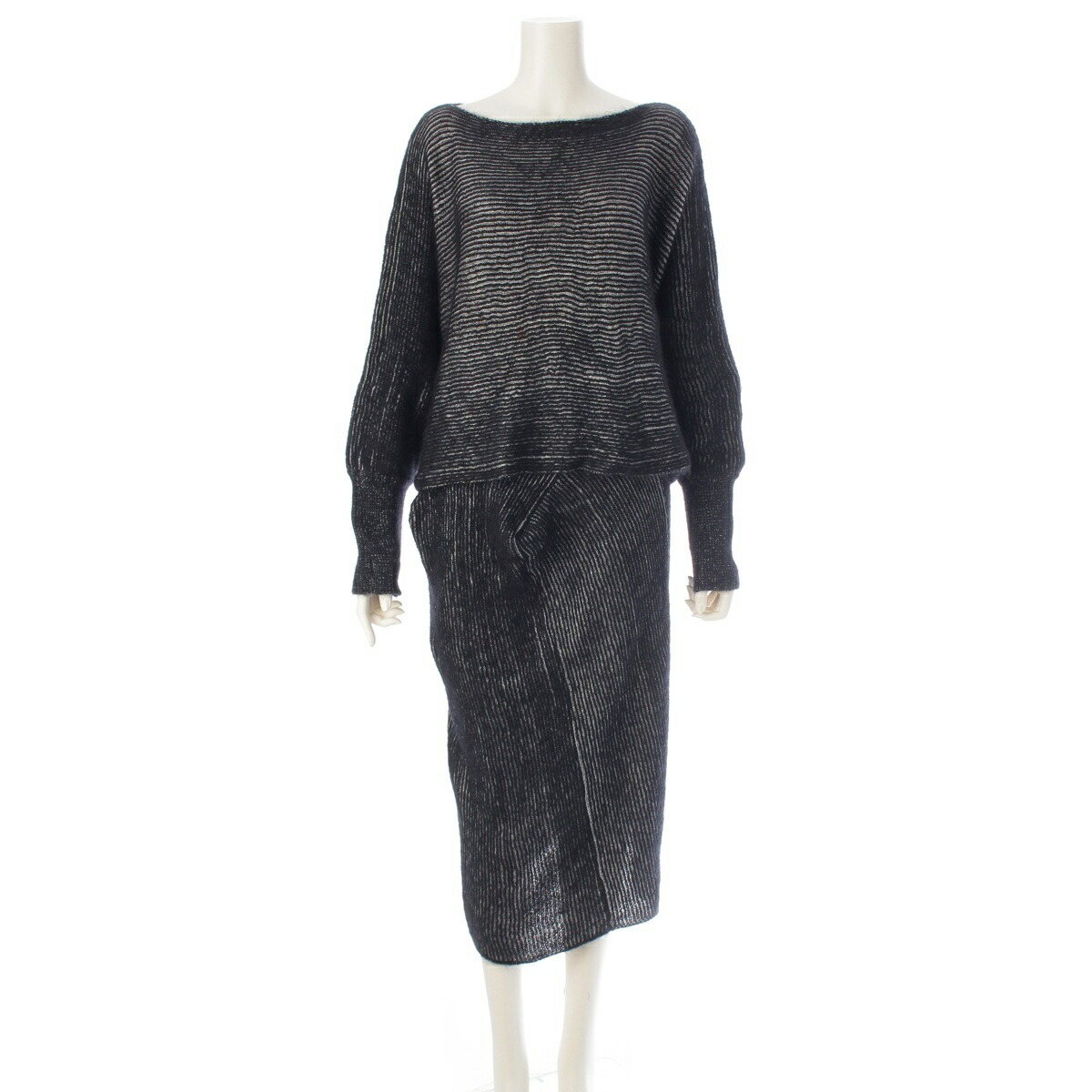 イッセイミヤケ ISSEY MIYAKE 筆曳き船 80s 1985 横 うつり変わり 編み物 ドルマンスリーブ スコートセットアップ 黒いこと 白いこと M【中古】【定め事品引きうける】
