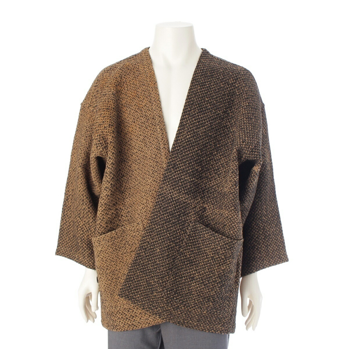 イッセイミヤケ ISSEY MIYAKE 84年 80s リネン×ウール 羽織 デザイン コート テーラードジャケット ラウン×ブラック系 9【中古】【正規品保証】
