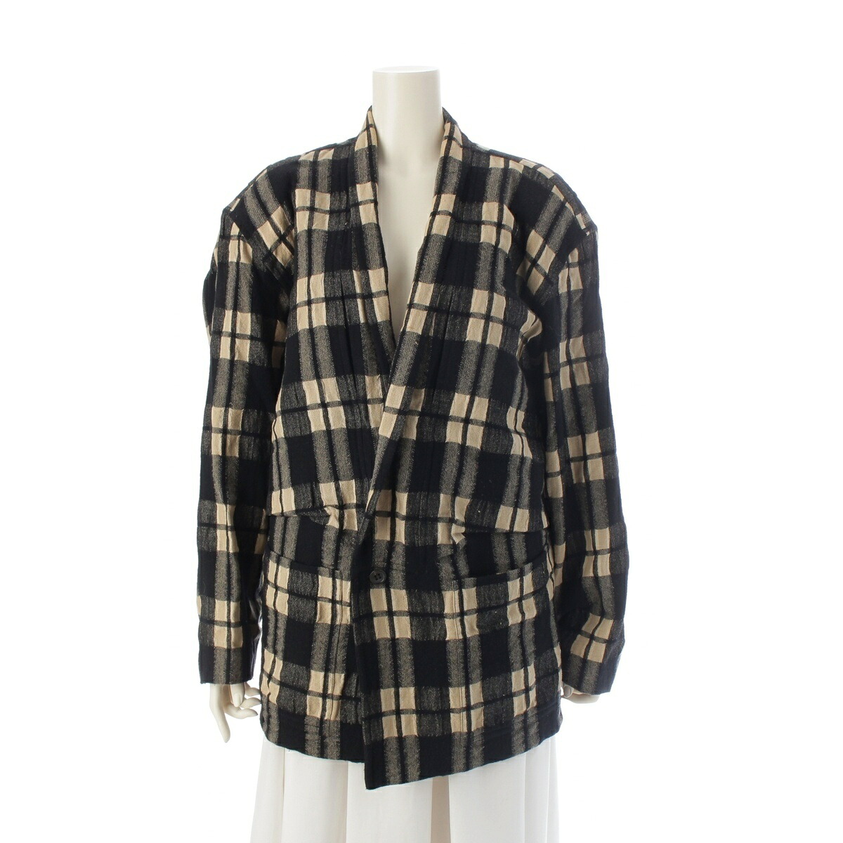 イッセイミヤケ ISSEY MIYAKE 85年 80s  羊毛×リネン 照合のしるし柄 厚地の外套大きさ テーラードジャケット 黒いこと×ベージュ系 M【中古】【置き目品引き受ける】