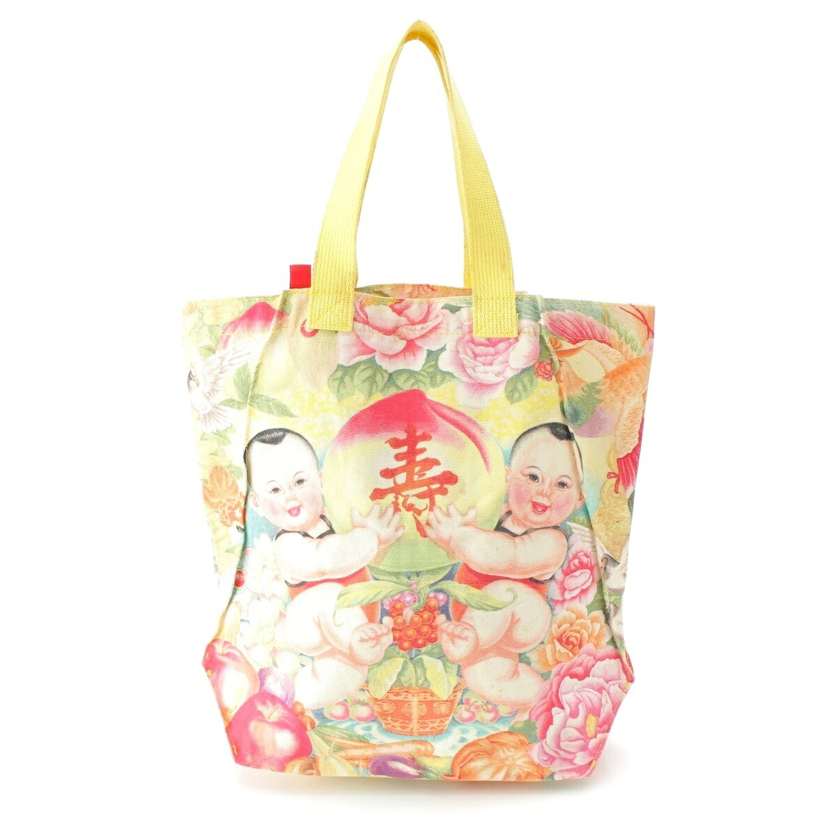 プリーツプリーズ イッセイミヤケ PLEATS PLEASE ISSEY キャンバス 中国縁起 寿 トートバッグ イエロー【中古】【正規品保証】