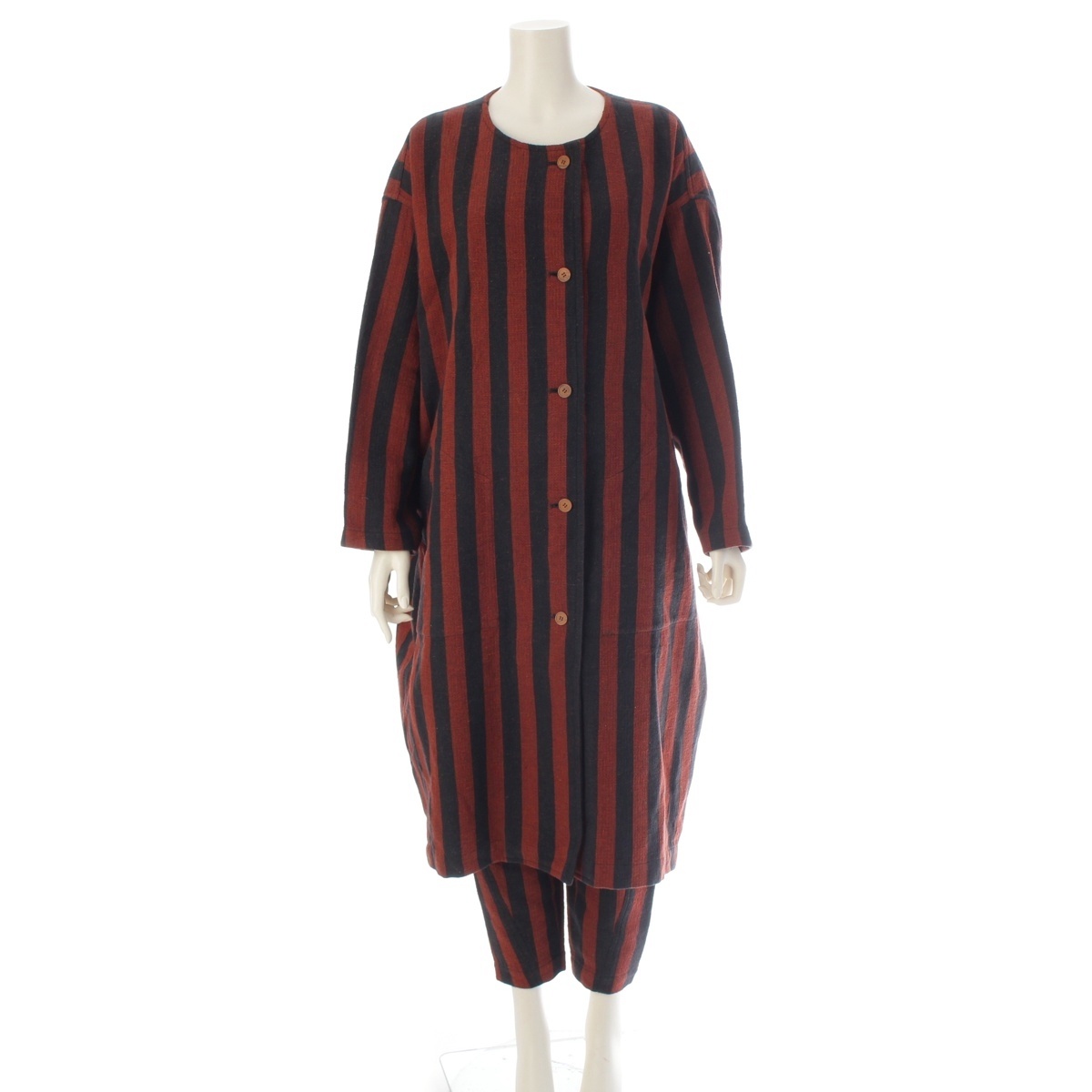 イッセイミヤケ ISSEY MIYAKE 80s 1984 綿織物 羊毛 筆下げ札 縞模様 ロング化粧着 衣裳 ズボン下セットアップ 赤銅色 黒いこと 9【中古】【定まり品引き請ける】