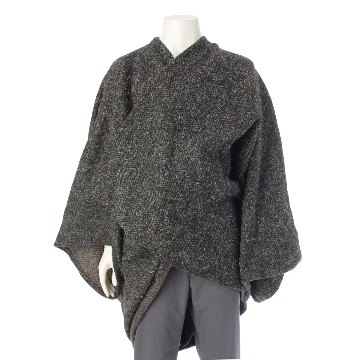 イッセイミヤケ ISSEY MIYAKE 筆タグ 80s 1983 ウール ドルマンスリーブ シャギー ツイード ポンチョ コート グレー【中古】【正規品保証】｜retro
