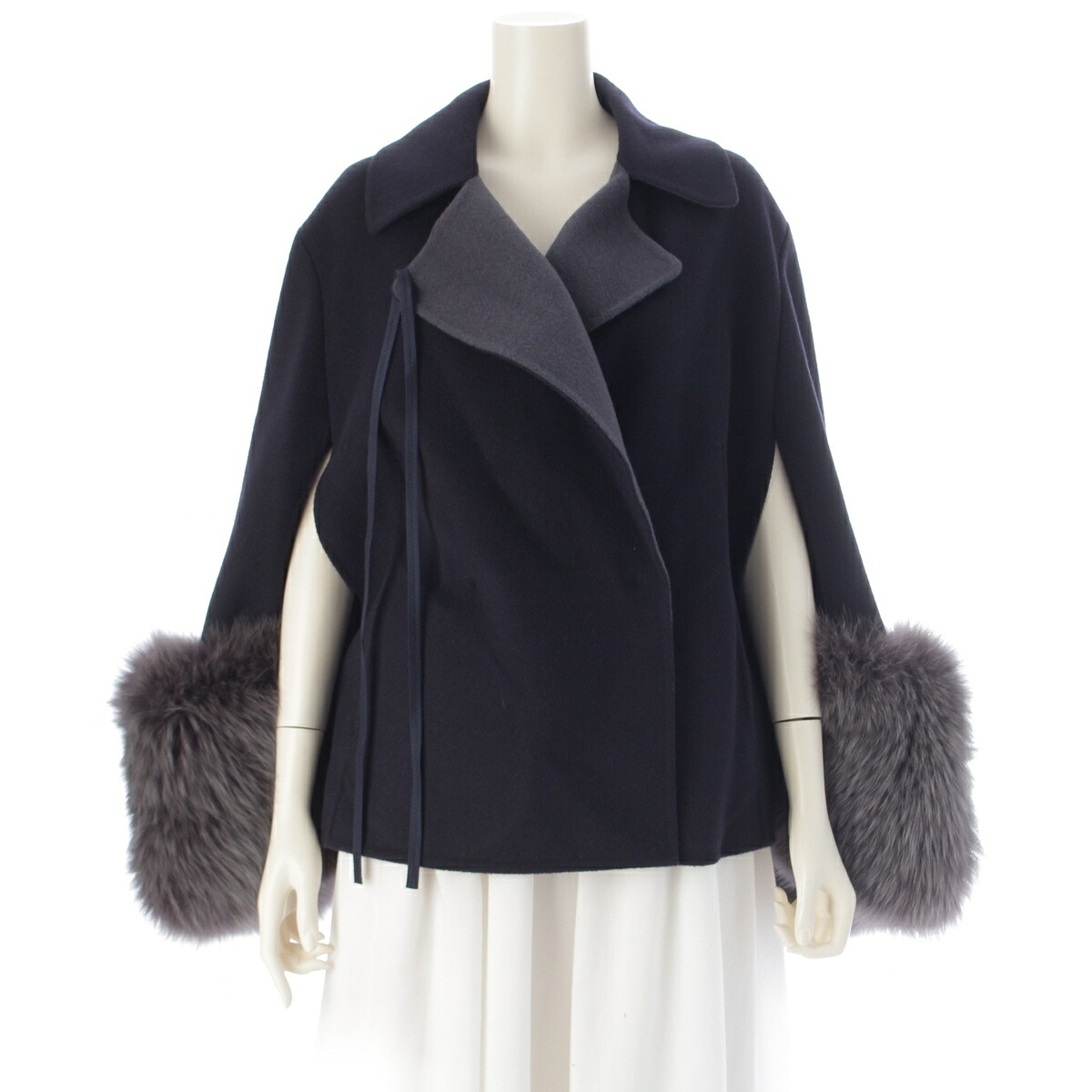 ドゥロワー Drawer 22A/W ウールケヌキ フォックスファースリーブ ショートコート ジャケット 6522-234-0733 ネイビー 36【中古】【正規品保証】