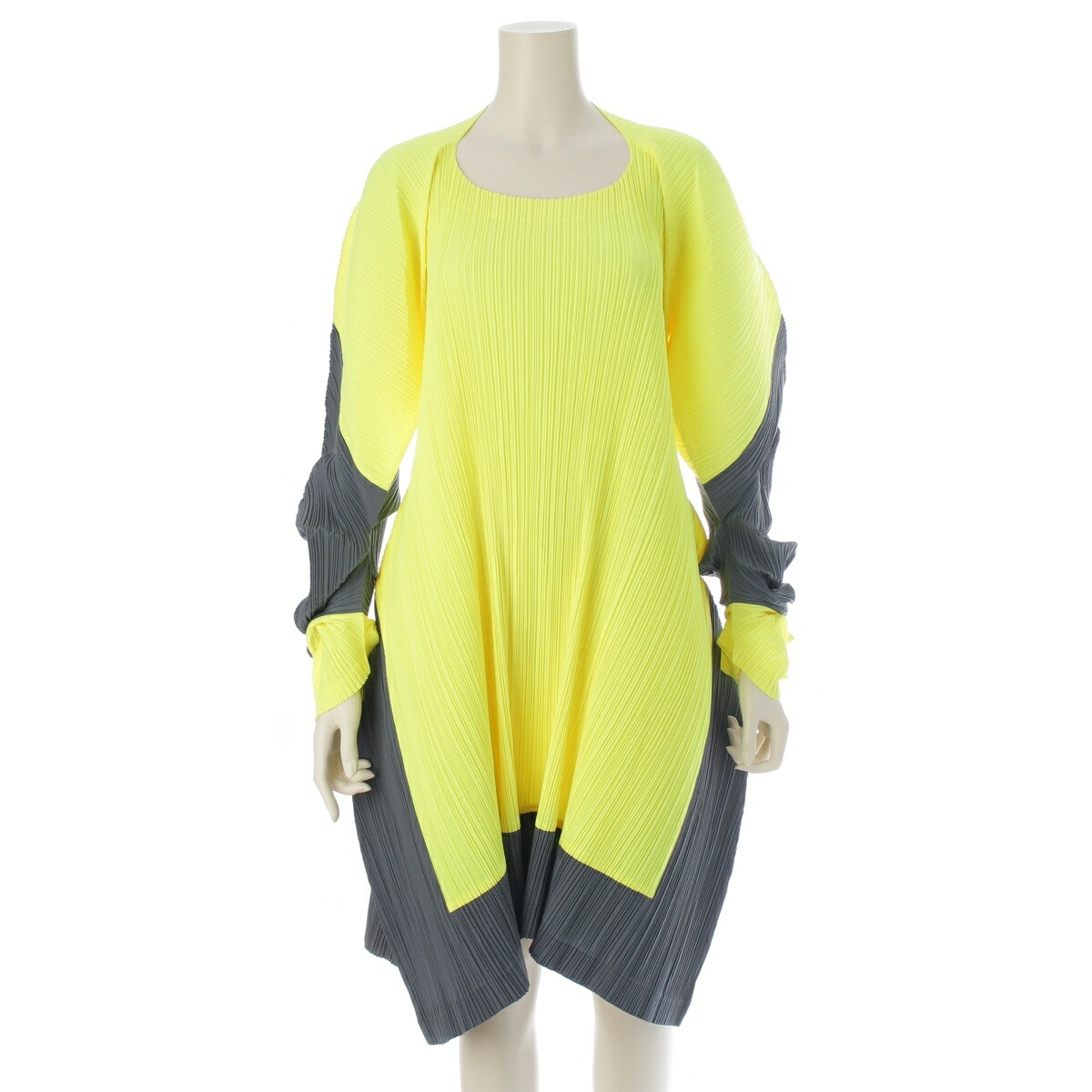 イッセイミヤケ ISSEY MIYAKE 90s 91SS 変形 CURVED PLEATES カーブ プリーツ ワンピース IM11-FH012 ネオンイエロー グレー M【中古】【正規品保証】