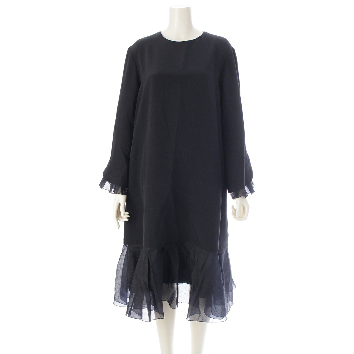 ドゥロワー Drawer シルク フリル レイヤード 長袖 ロング ワンピース ドレス 6526-299-1492 ブラック 36【中古】【正規品保証】