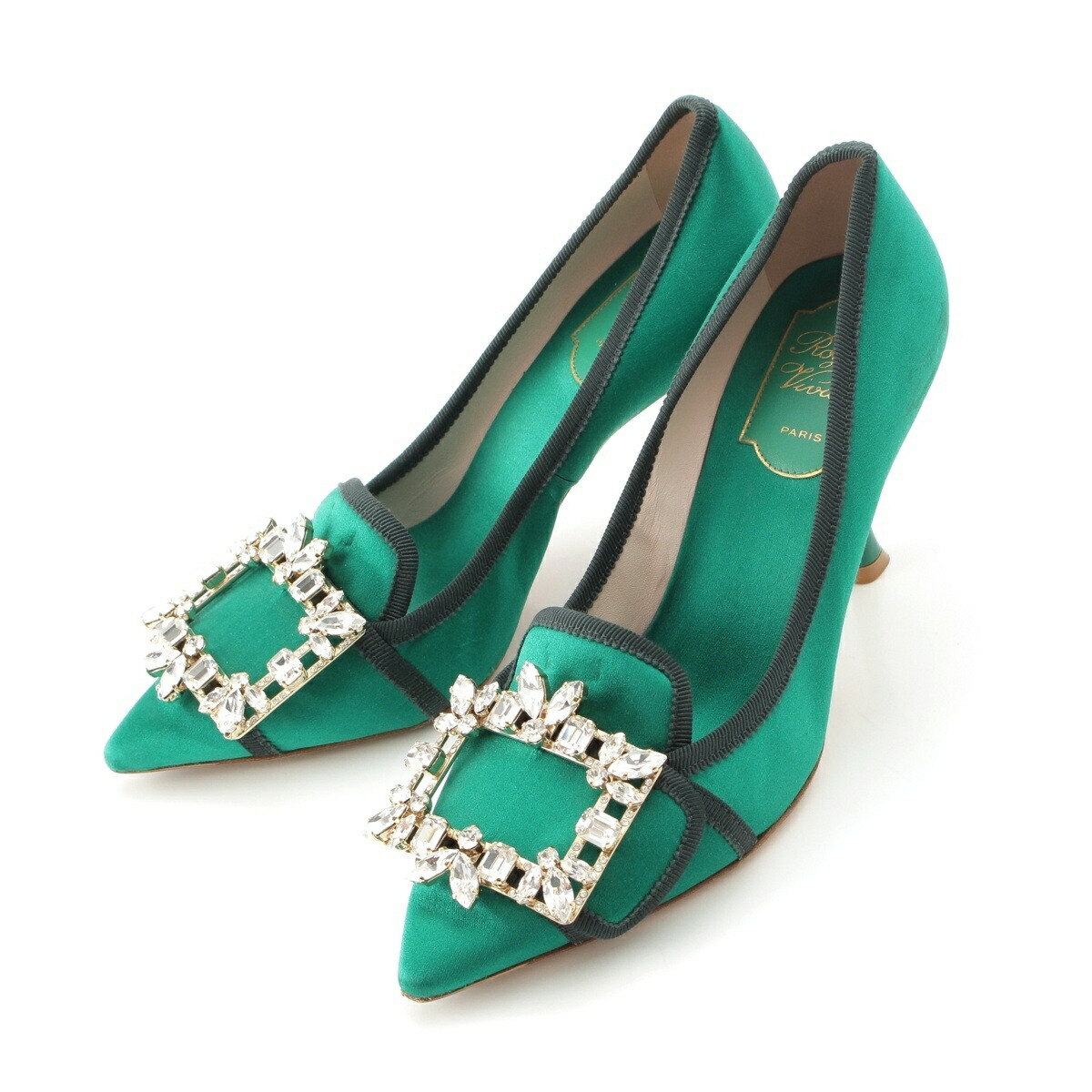 ロジェヴィヴィエ Roger Vivier サテン ブロッシュバックル クリスタル ヒール パンプス シューズ グリーン 35 1/2【中古】【正規品保証】