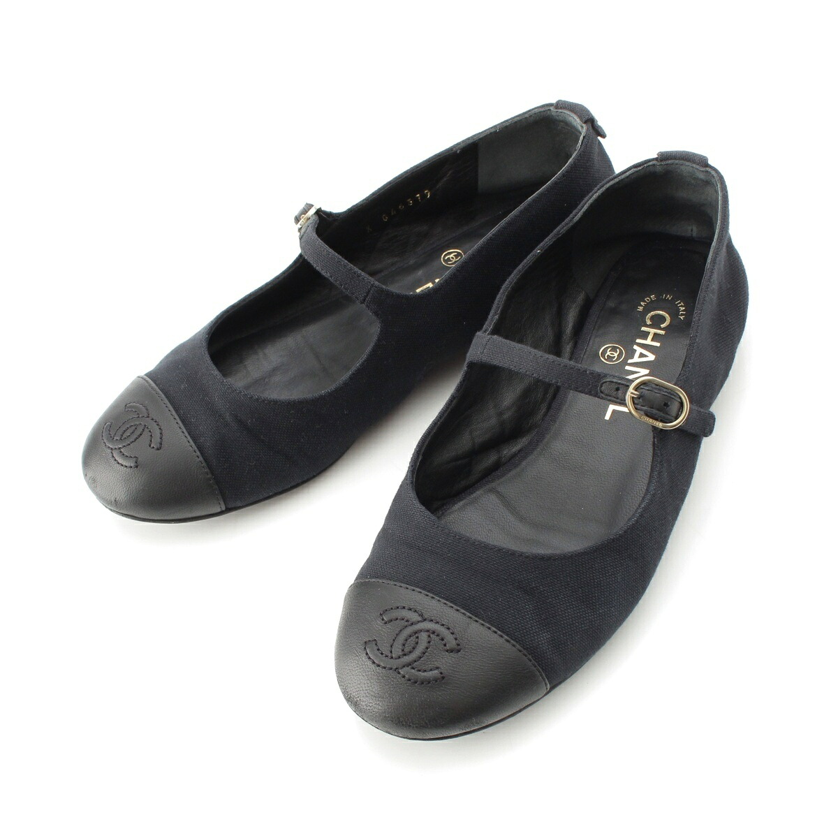 シャネル CHANEL 25SS レザー キャンバス ココマーク メリージェーン フラット シューズ G46379 ブラック 37【中古】【正規品保証】
