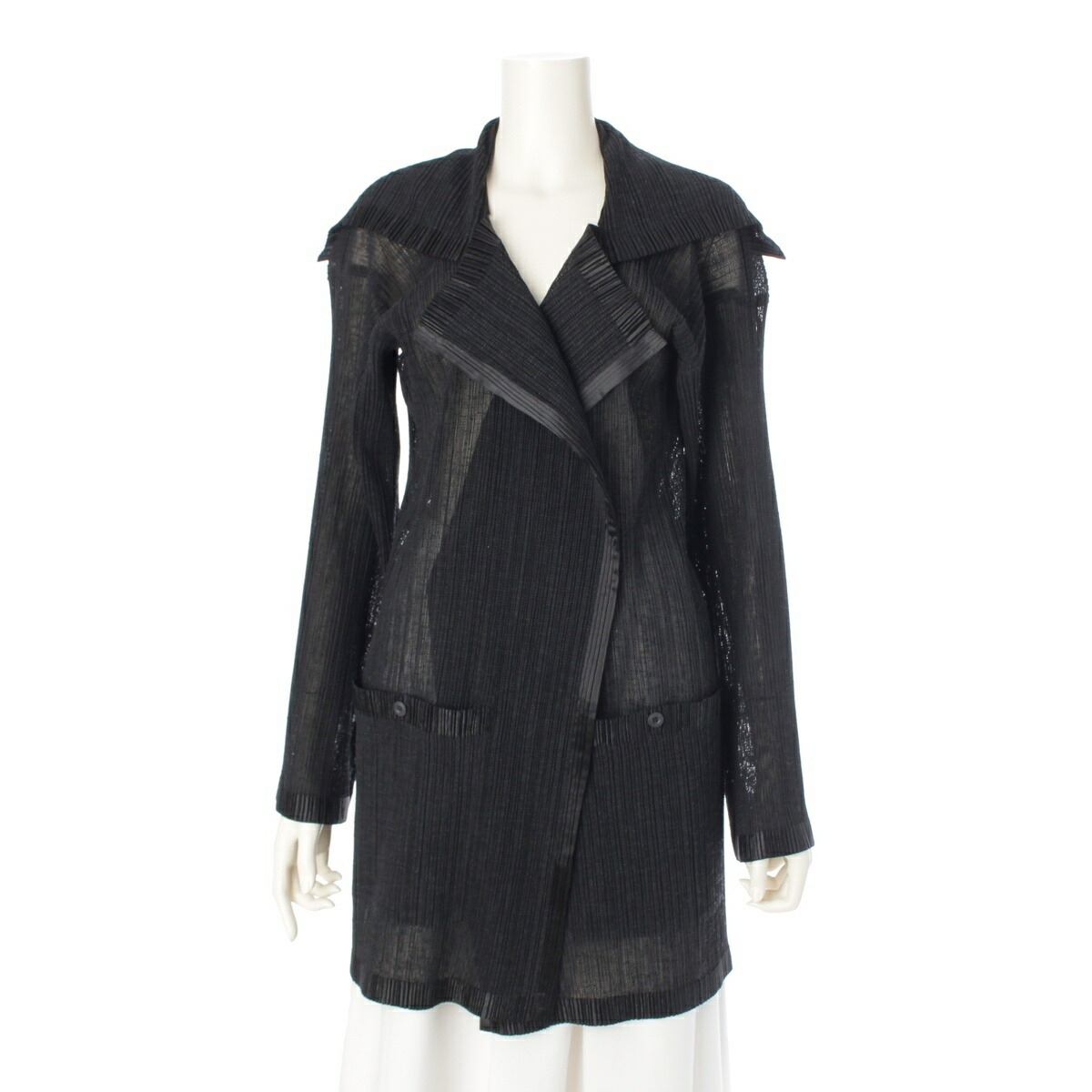 イッセイミヤケ ISSEY MIYAKE 96SS 細プリーツ シアー トリムデザイン ロング カーディガン トップス IM61-FD907 ブラック L【中古】【正規品保証】 19,210円