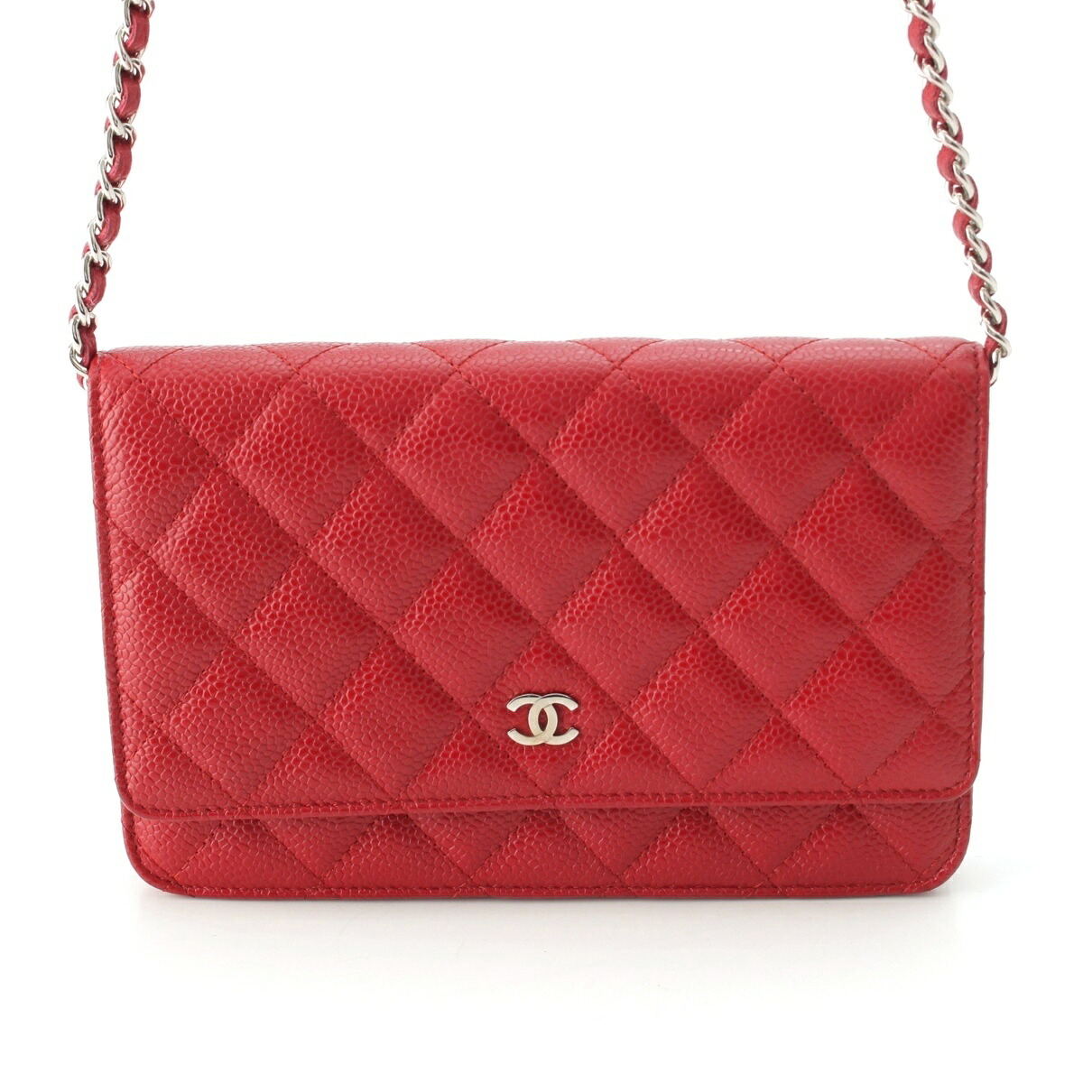 シャネル CHANEL キャビアスキン マトラッセ チェーン ウォレット 長財布 ポシェット ミニ ショルダーバッグ レッド【中古】【正規品保証】