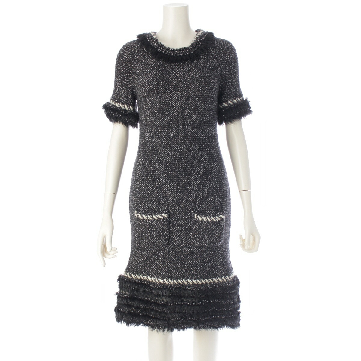 シャネル CHANEL カシミヤ ウール ココマーク ファー ワンピース P39939 グレー 36【中古】【正規品保証】