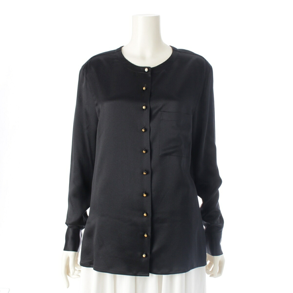 シャネル CHANEL シルク ヴィンテージ クローバーボタン クルーネック 長袖シャツ P05361 ブラック 36【中古】【正規品保証】