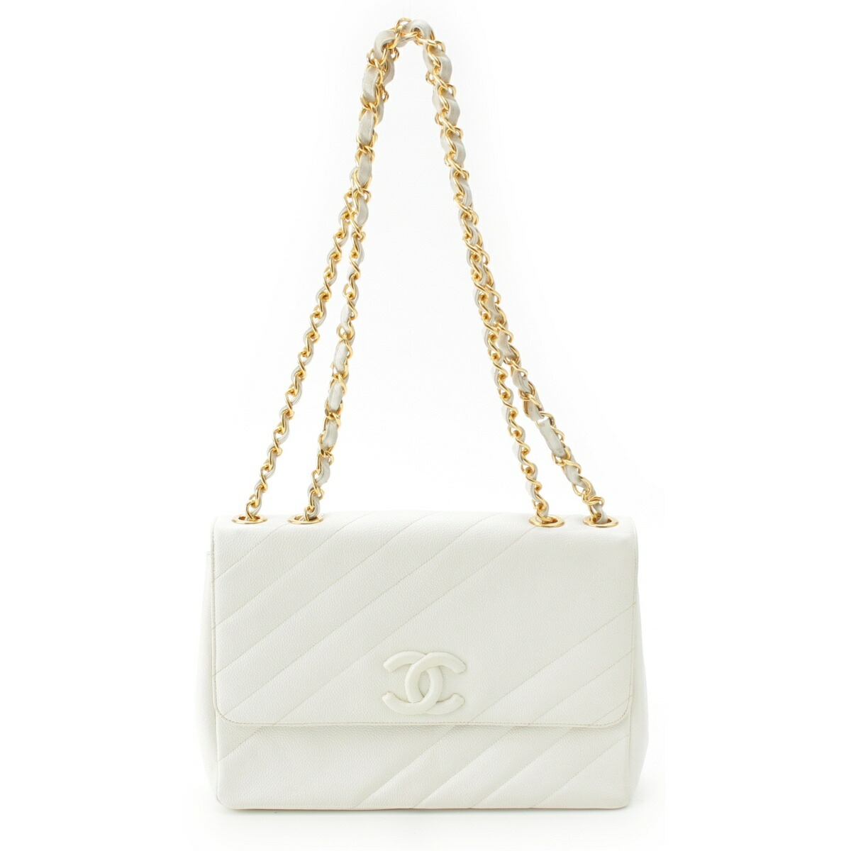シャネル CHANEL キャビアスキン バイアスステッチ チェーン ショルダーバッグ ホワイト【中古】【正規品保証】