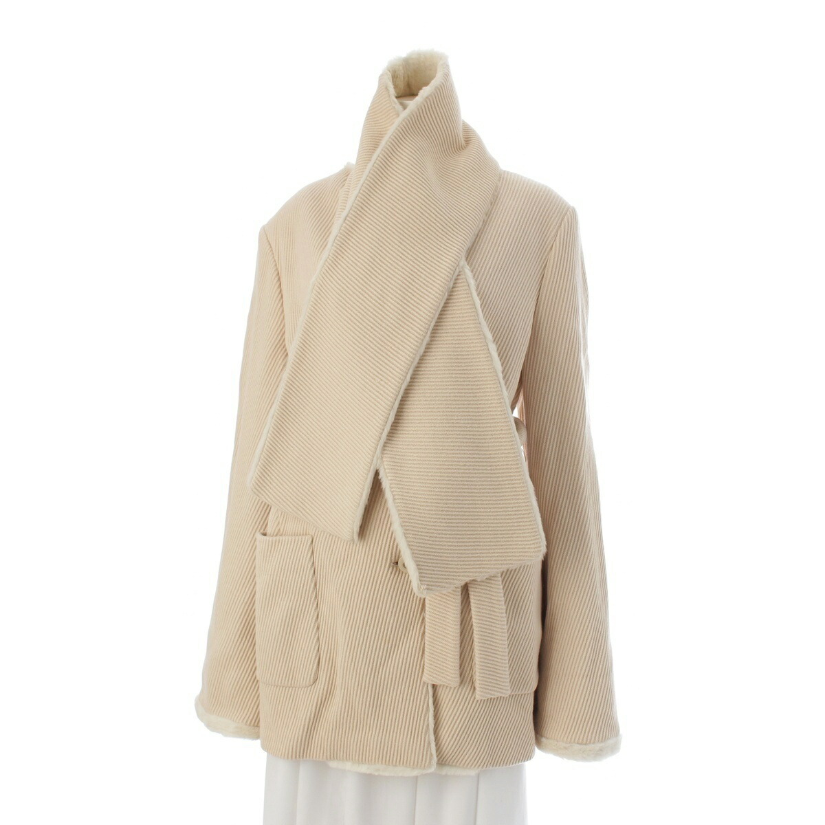 サルヴァトーレフェラガモ Salvatore Ferragamo ウール カシミヤ ガンチーニ ロング ノーカラー コート アイボリー 46【中古】【正規品保証】