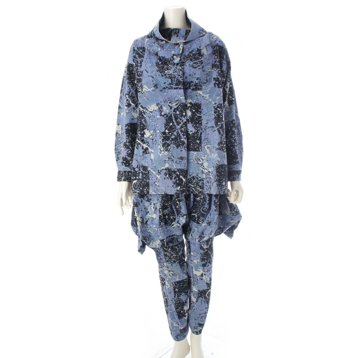 イッセイミヤケ ISSEY MIYAKE 80s 1983年 筆タグ 総柄 スパッタリング 変形襟 シャツ サルエル パンツセットアップ MA13203 MA43153 ブルー 9【中古】【正規品保証】