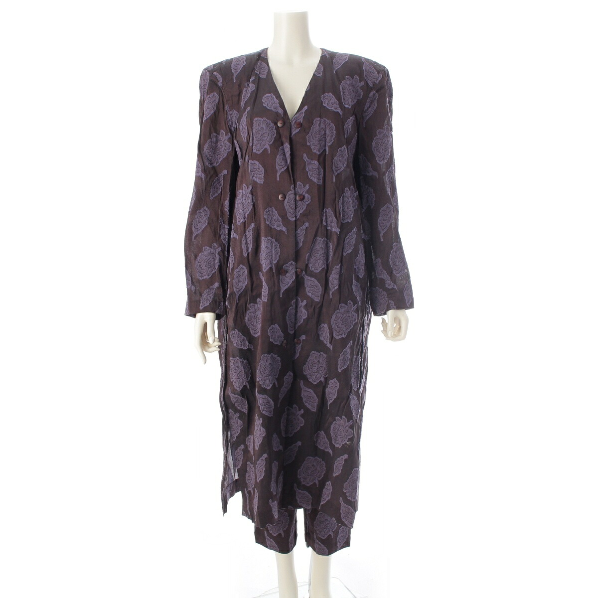 イッセイミヤケ ISSEY MIYAKE 80s 1986年 カットジャガード 御花 花 総柄 羽織りロング上衣 羽織り セットアップ ズボン下セットアップ ES-66176 JS-41356 パープル 8/9【中古】【定め事品引きうける】