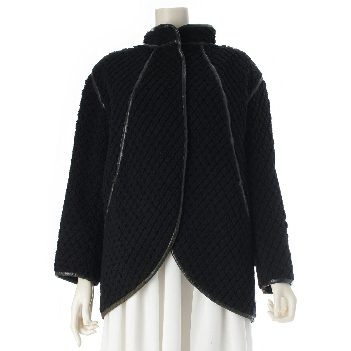 イッセイミヤケ ISSEY MIYAKE 70s 初期 ウール×ナイロン 単色タグ レザーパイピング カットパイル ノーカラージャケット JH64100 ブラック 9【中古】【正規品保証】