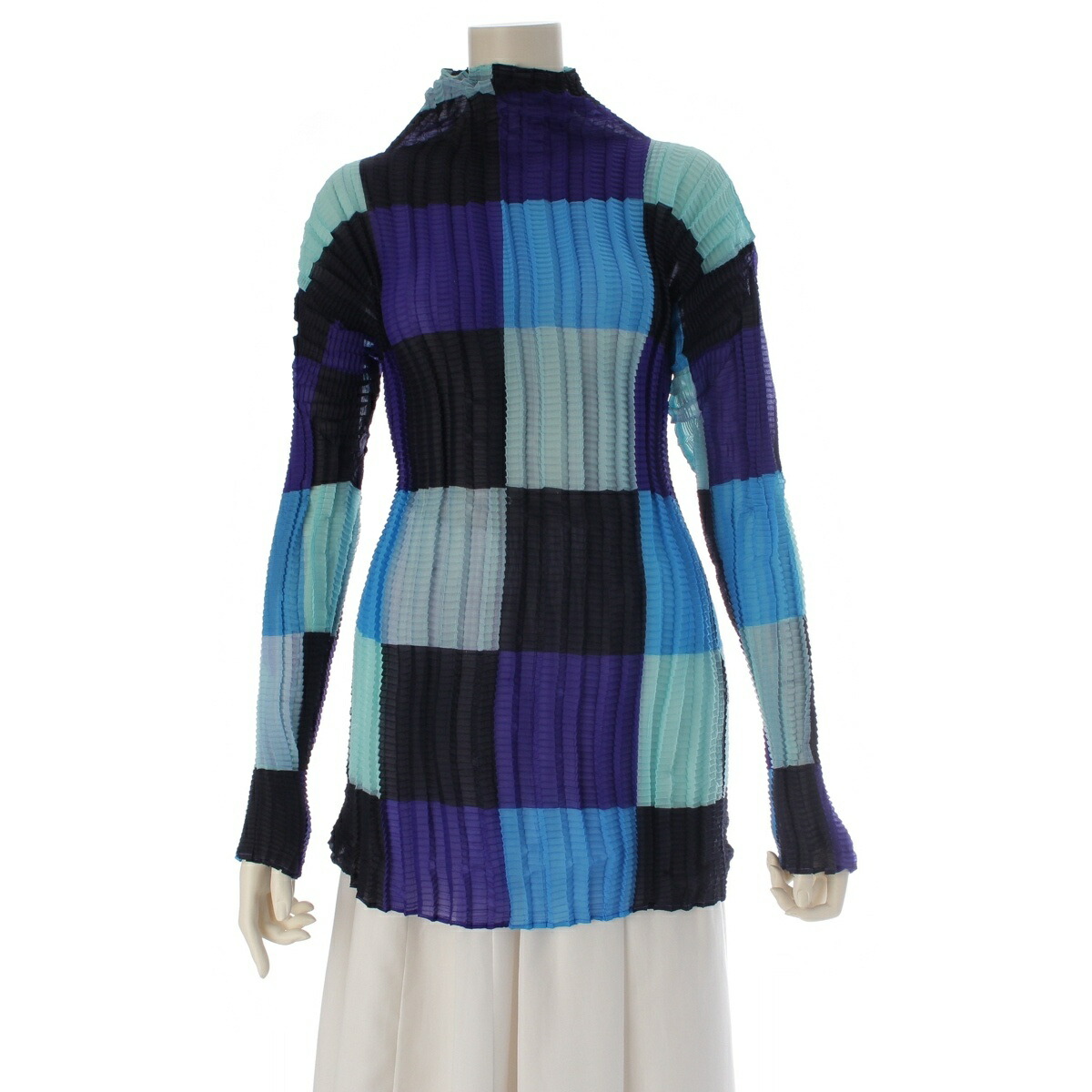 イッセイミヤケ ISSEY MIYAKE 97SS 凸凹プリーツ スクエア柄 ハイネック ロングスリーブ カットソー トップス IM71-FJ941 マルチカラー L【中古】【正規品保証】