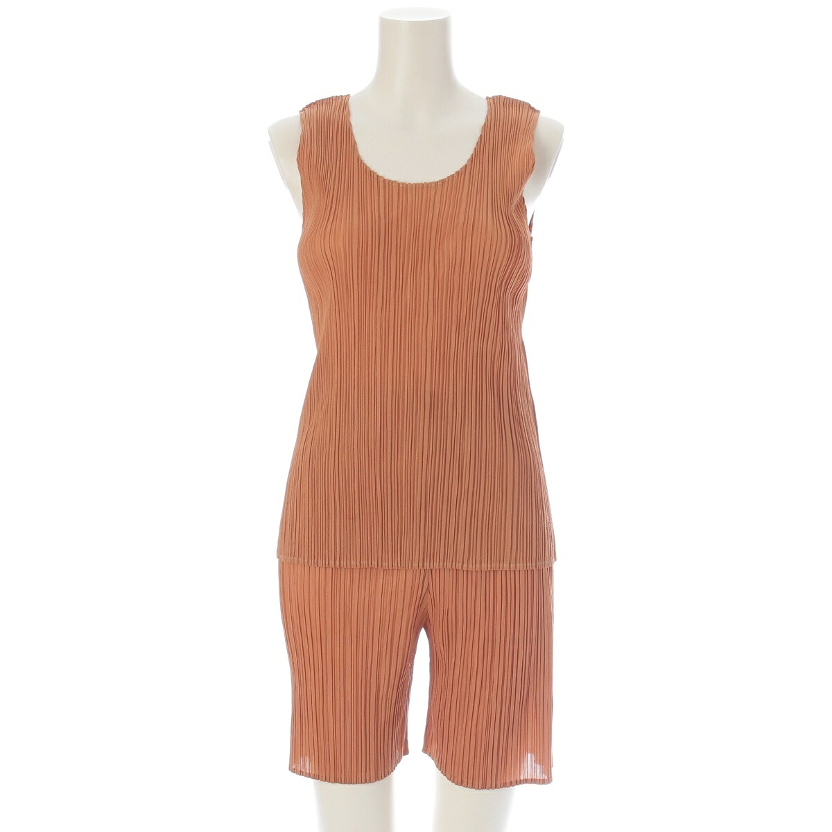 イッセイミヤケ ISSEY MIYAKE 90s 93S/S プリーツ ノースリーブ ショート パンツセットアップ オレンジ M【中古】【正規品保証】