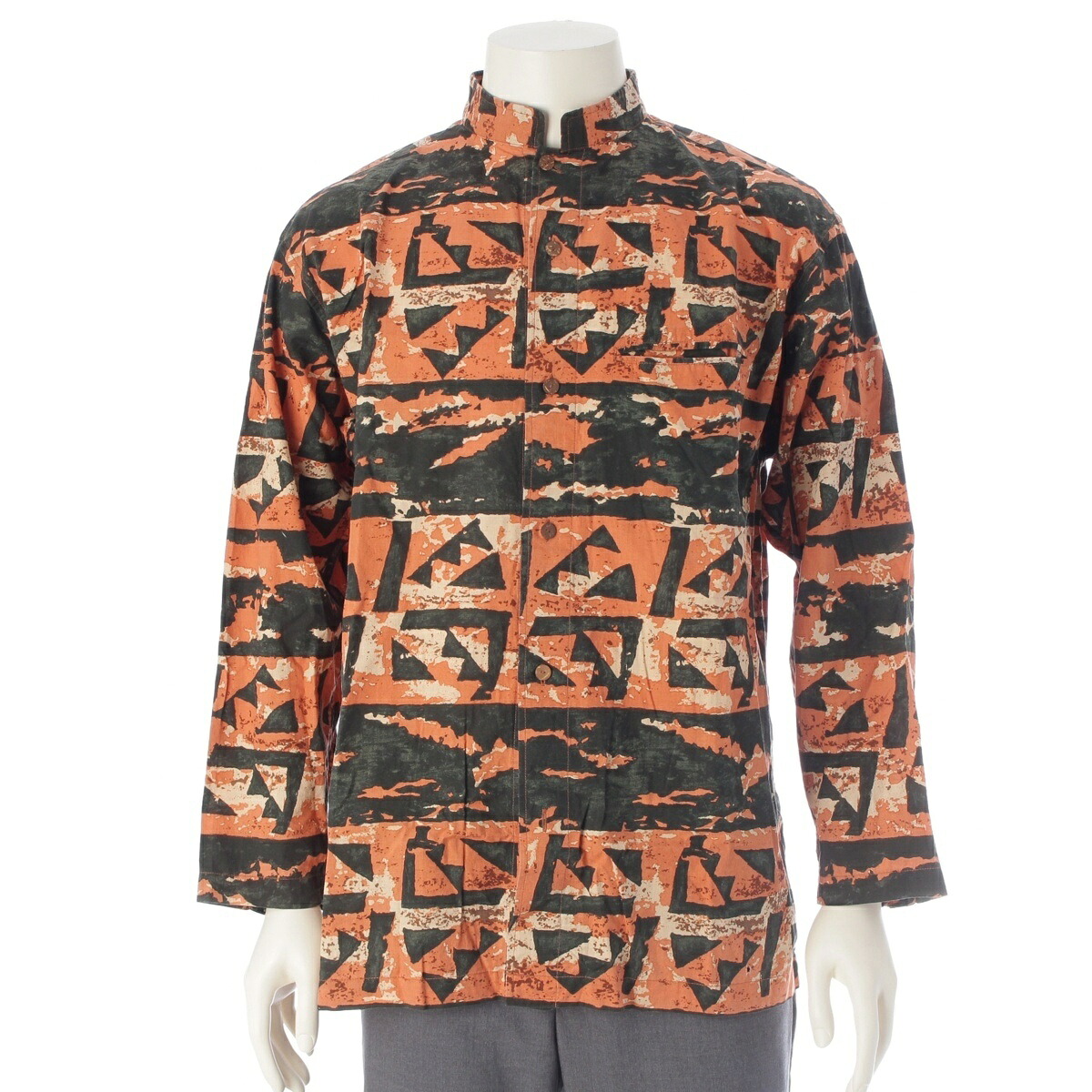 イッセイミヤケ ISSEY MIYAKE 80s 1984 筆タグ 蝋纈染 総柄 グラフィック 長袖シャツ トップス LG12094 オレンジ M【中古】【正規品保証】