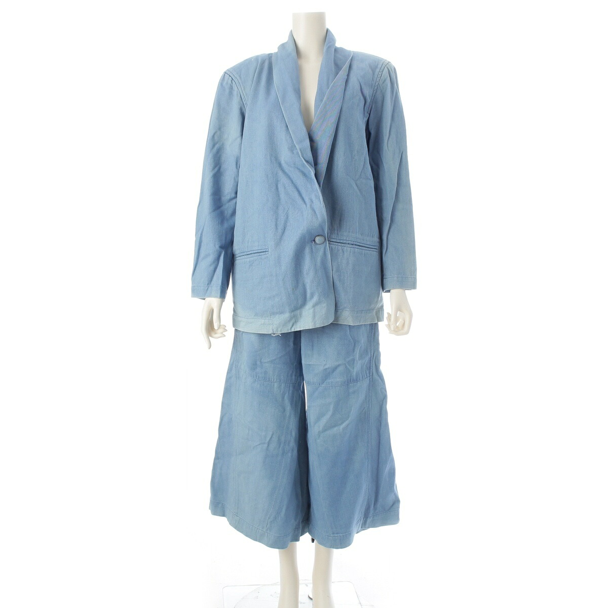 イッセイミヤケ ISSEY MIYAKE 筆曳き船 80s 1986 綿織物 人絹 藍染め 3天下太平 セットアップ トップス ボトムス 内燃機関青碧 9【中古】【定め事品引きうける】