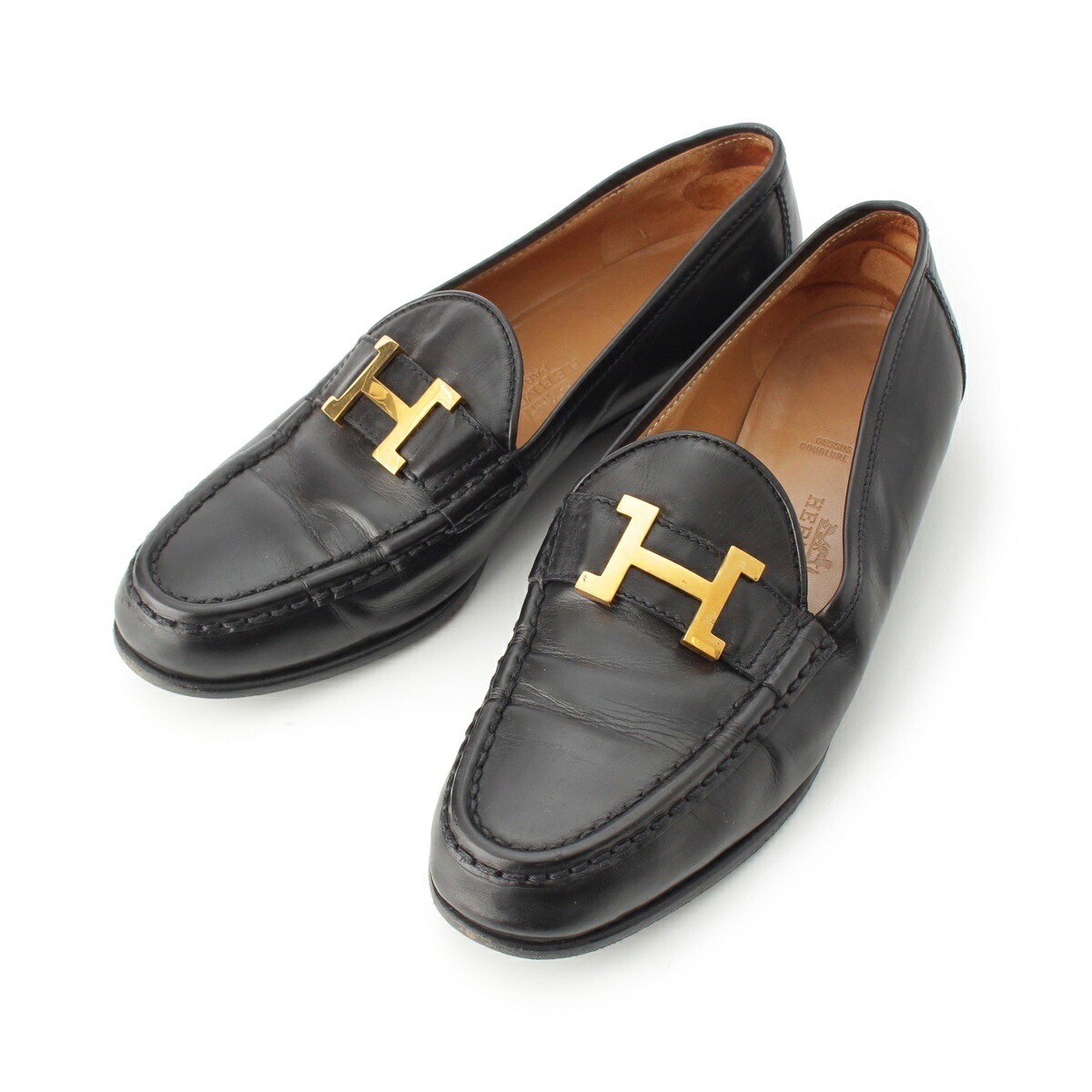 エルメス HERMES レザー モカシン フラット シューズ ローファー ブラック 36.5【中古】【正規品保証】