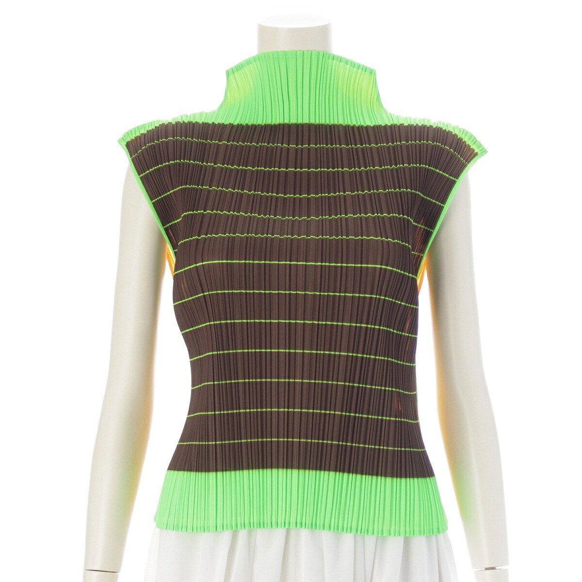 プリーツプリーズ イッセイミヤケ PLEATS PLEASE ISSEY ボーダー ボトルネック ノースリーブ カットソー トップス PP64-JK233 マルチカラー 3【中古】【正規品保証】