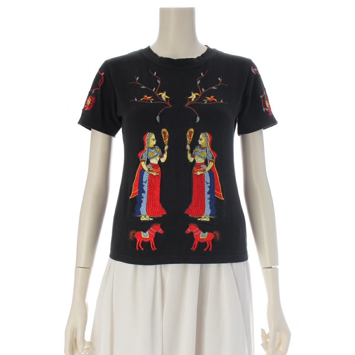 クリスチャンディオール Christian Dior ジョン ガリアーノ期 2002 02PRE コットン オリエンタル 刺繍 ロゴ 半袖Ｔシャツ トップス 2P12033139 ブラック 38【中古】【正規品保証】