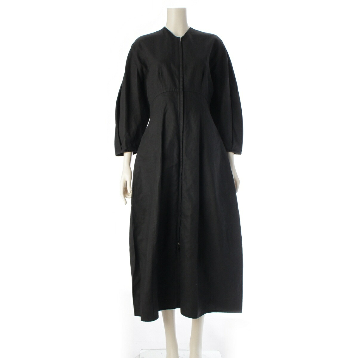 ジルサンダー JIL SANDER リネン ジップアップ 長袖 ノーカラー ワンピース JSPS502206WS32070011 ブラック 32【中古】【正規品保証】｜retro