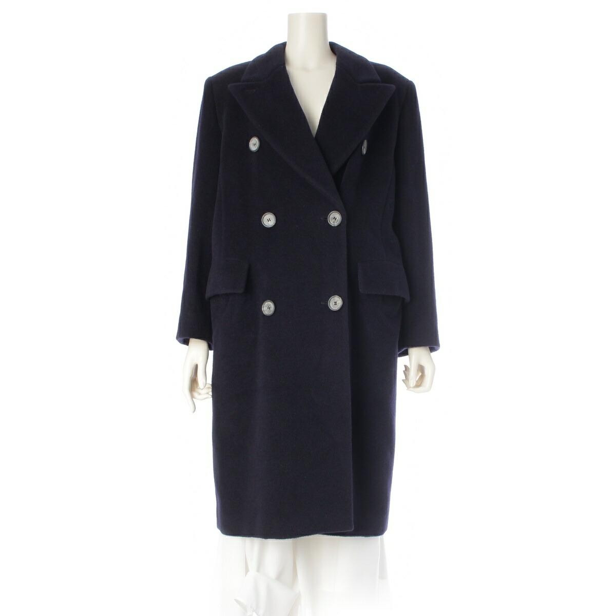 マックスマーラ MAX MARA ウール×カシミヤ ダブルブレスト ロング コート アウター ネイビー J42【中古】【正規品保証】
