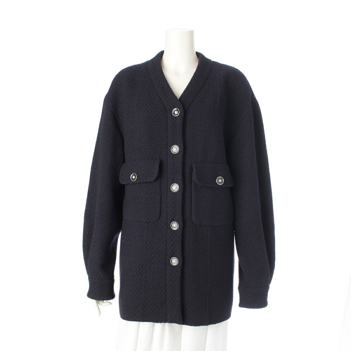 シャネル CHANEL 23年 ビジューボタン ツイード フラップポケット ノーカラージャケット P75486 ネイビー 38【中古】【正規品保証】