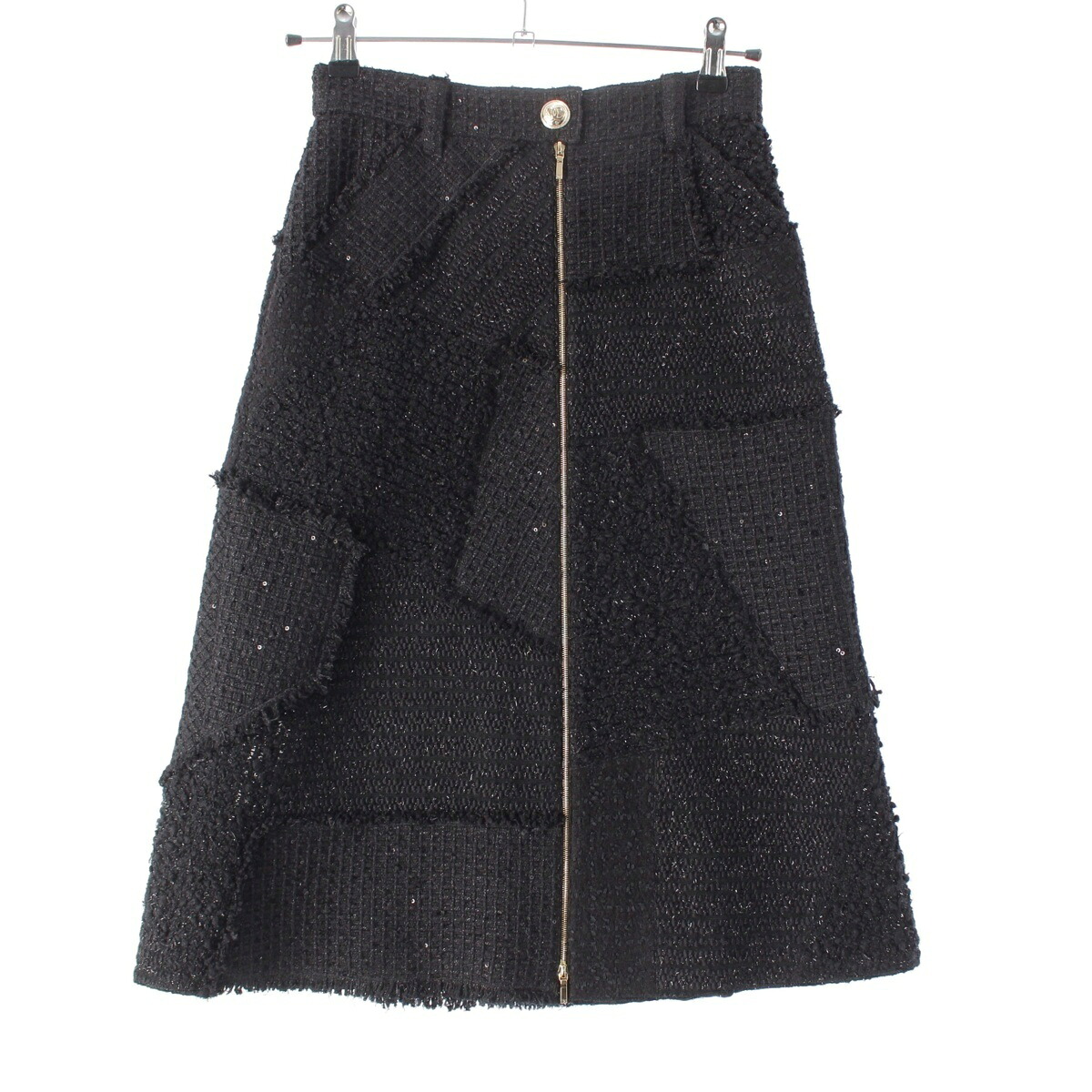 シャネル CHANEL ウール コットン ツイード ココボタン パッチワーク スカート ボトムス セミフレア P65448 ブラック 34【中古】【正規品保証】