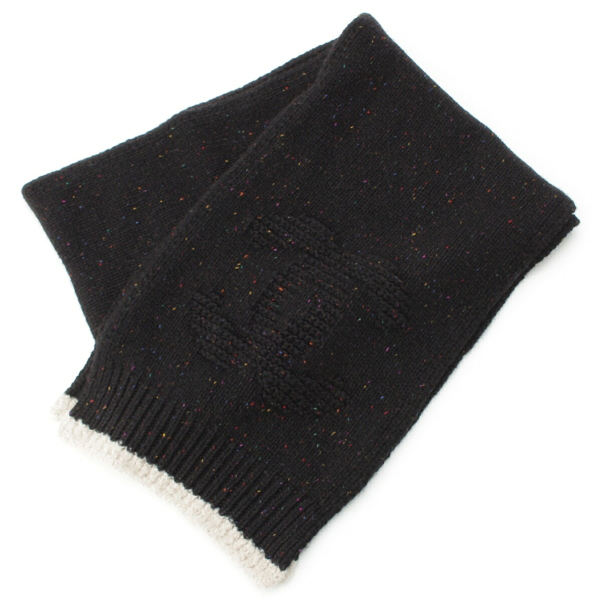 シャネル CHANEL カシミヤ シルク ココマーク ミックスカラーネップ ニット マフラー ブラック【中古】【正規品保証】